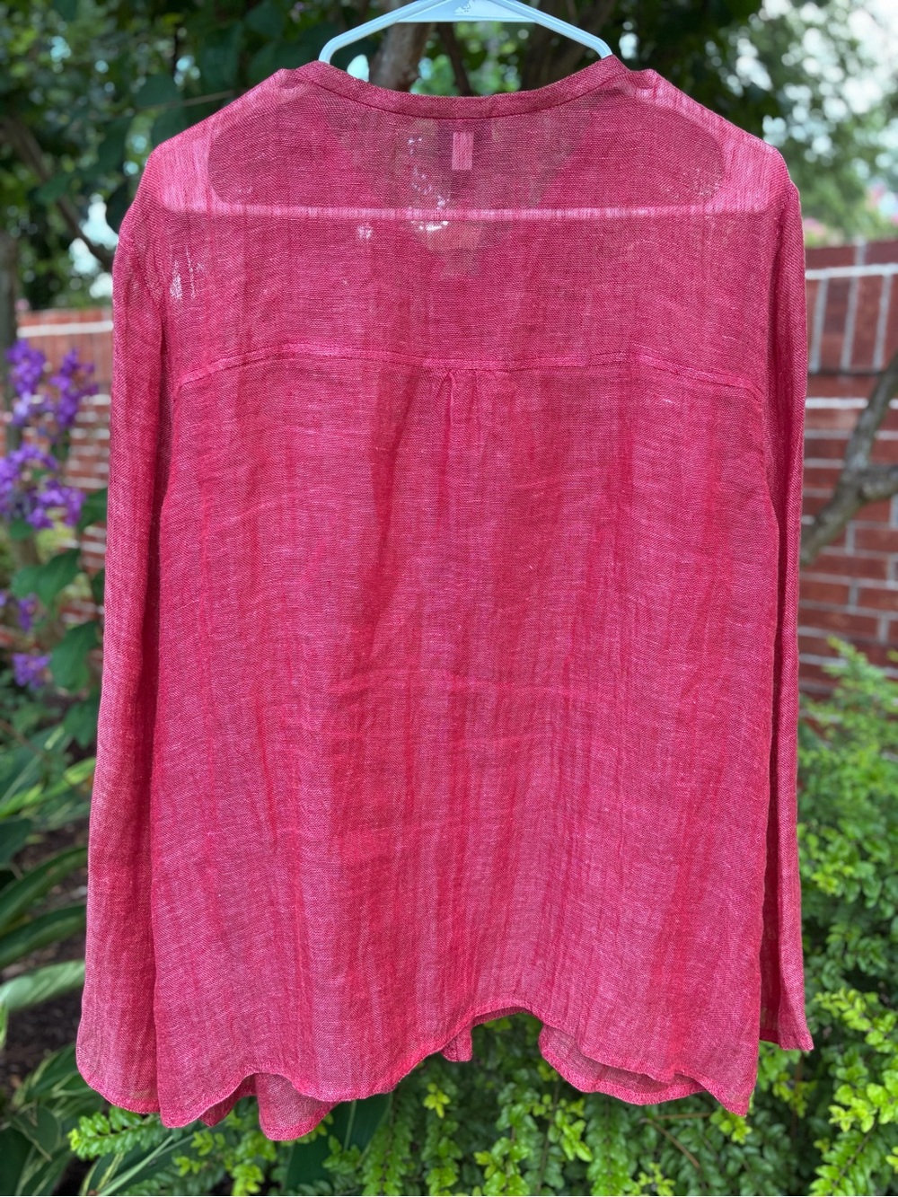 EILEEN FISHER Coral Red Italian Linen Button Front Long Sleeve Tunic Top Size M - Picture 3 of 7